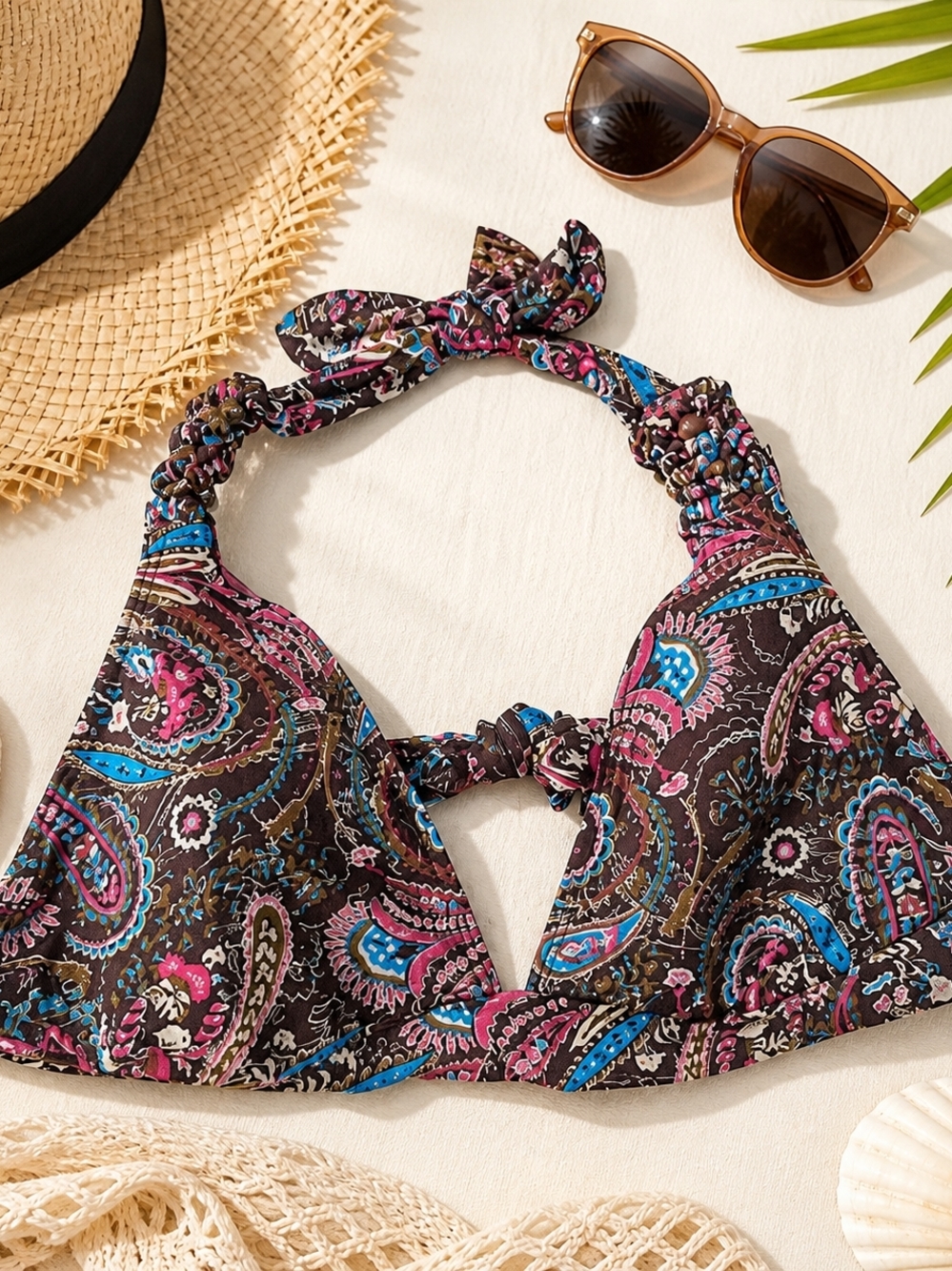 Lucky Brand Brown Paisley Bikini Top Beaded Halter Size Large NWT